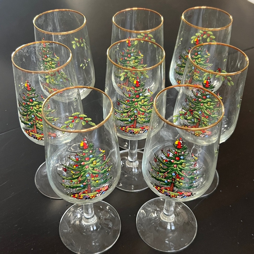 Spode Christmas Wine Glasses Set of 8 Gold Rim Vintage